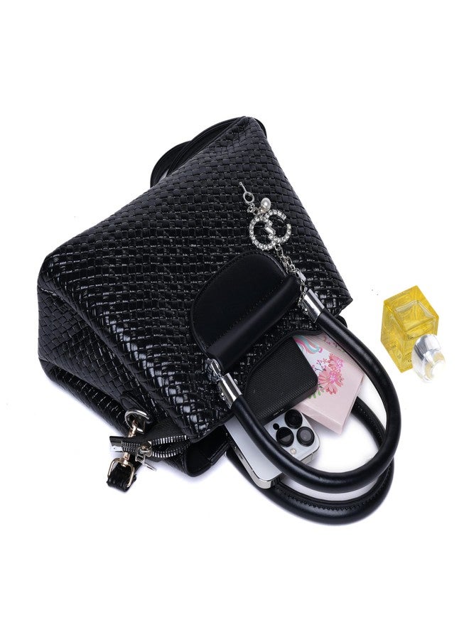 SANTORINI Vexa Textured Satchel Handbag | 3 Compartments (2 Magnetic + 1 Zipper) | Mini Top-Handle Bag with Sling Strap & Charm | Compact Luxury Bag for Daily Use. (Black) - Image 4